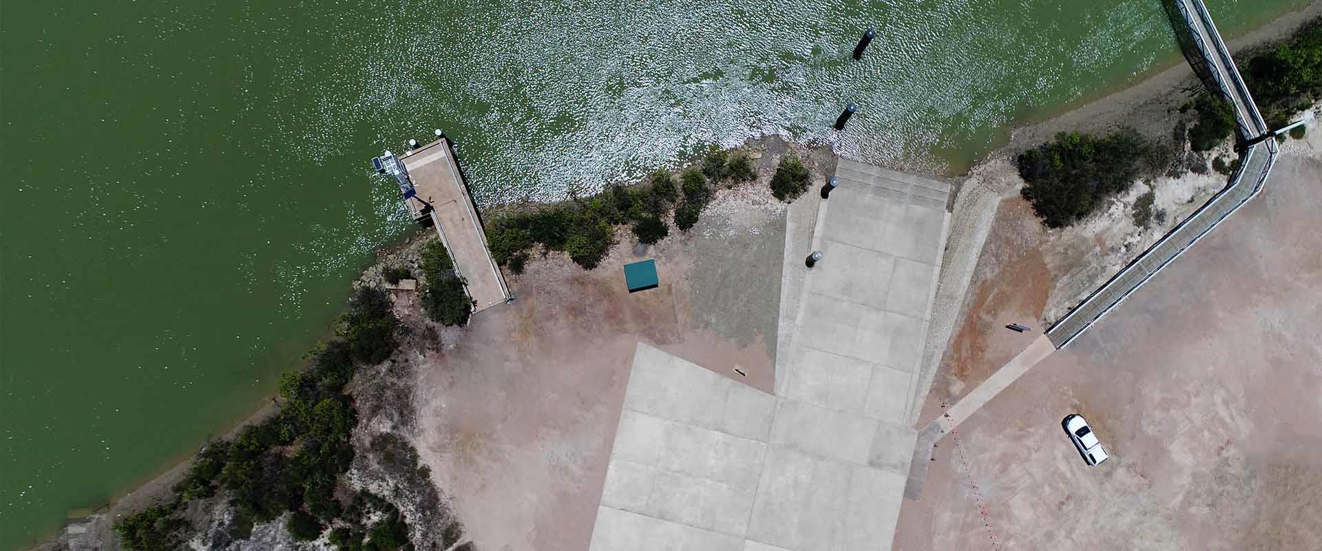 aerial view of boat ramp